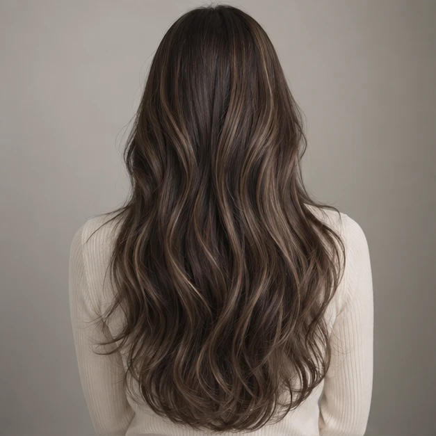 Back view of long dark-brown waves with fine lighter-brown highlights through the lengths