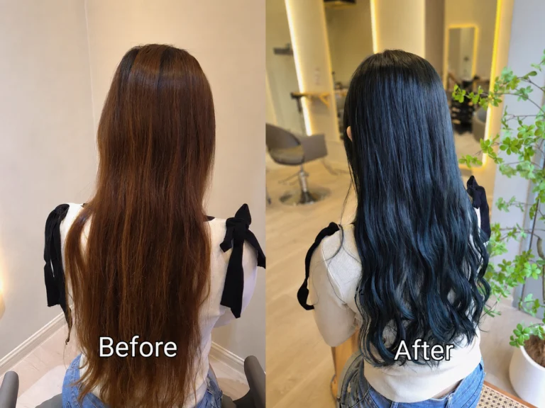 Before-and-after back views showing long brown hair and dark blue-black hair with wavy ends