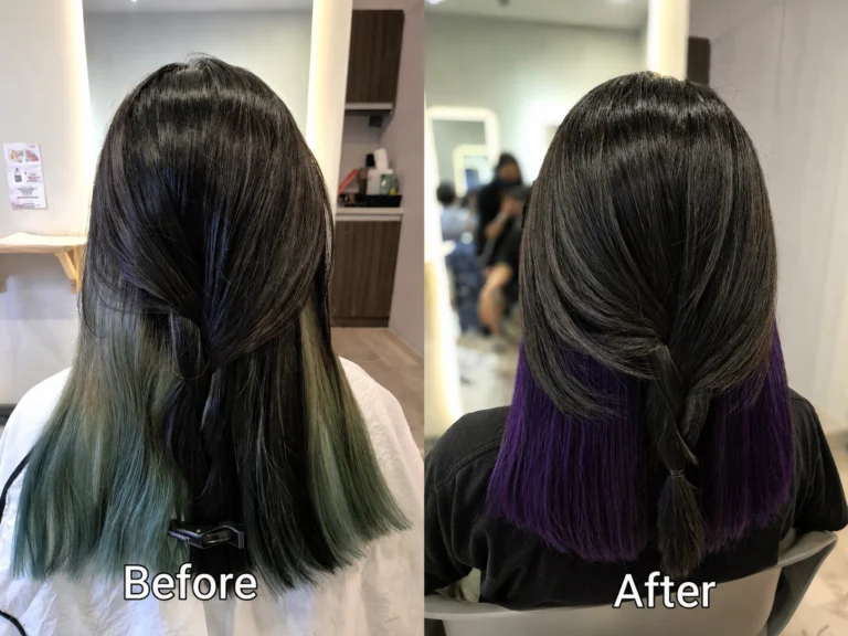 Side-by-side back views of half-up dark hair with teal and purple lower sections