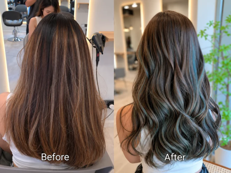 Before-and-after back views of brown hair and dark waves with cool teal-toned sections