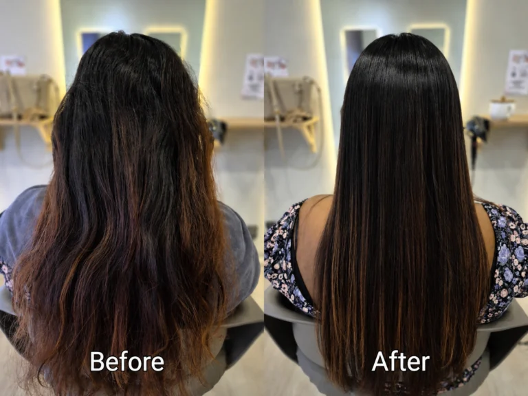 Before and after reference showing long wavy hair beside a smooth, straight finish