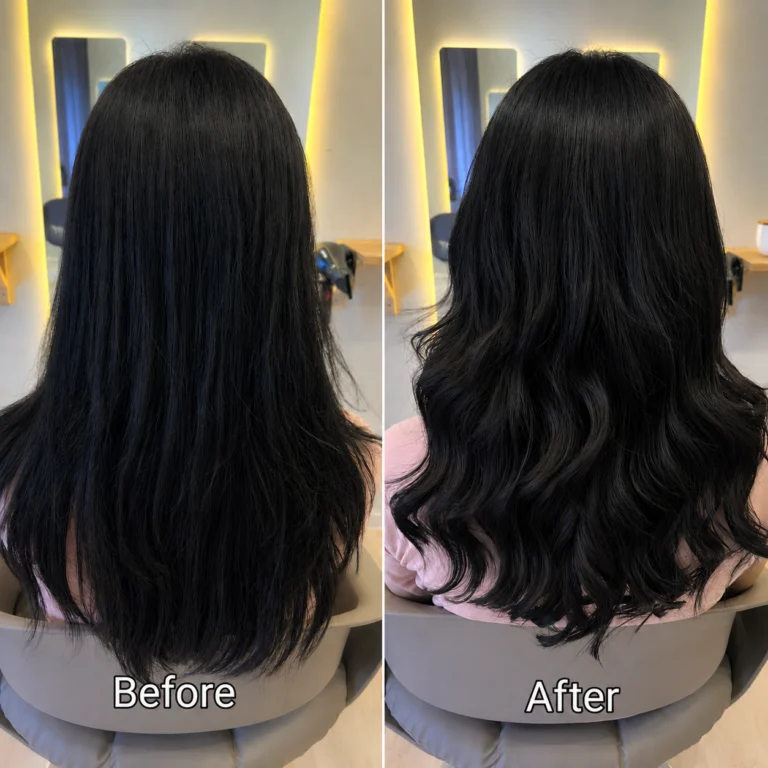 Before-and-after back views of long dark hair, showing straighter lengths and loose waves